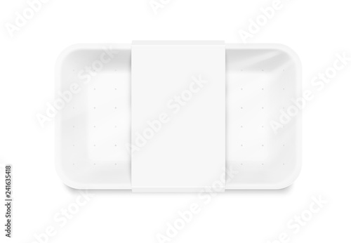 Mockup tray with wrap label. Vector illustration isolated on white background. Easy to use for presentation your idea, product etc. Perfect for fish, meat, semi-finished or ready-made food. EPS10.