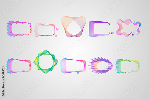 Neon Asymmetric rectangular frame of lines set. Stylized guilloche.