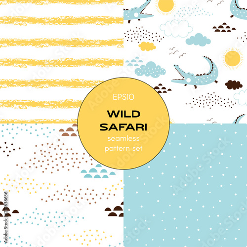 Safari themed vector seamless background set includes grunge stripes, crocodile, dotty abstract, polka dots patterns, vector graphics, kids and baby summer textile tee shirt apparel print