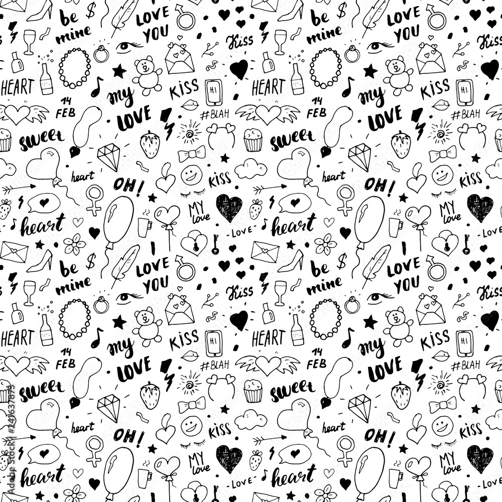 Fototapeta premium Love and Valentine Day seamless pattern vector illustration. Hand drawn sketched doodle romantic symbols background