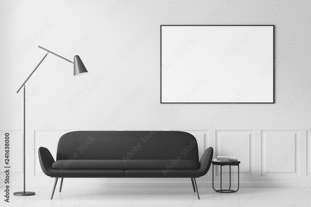 White living room, gray sofa and poster White living room, gray sofa and poster