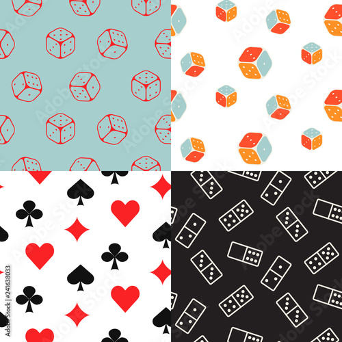 Board and card seamless pattern line icons vector background set. Dominoes and dice texture.