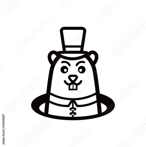 Marmot with hat from hole in ground. Groundhog Day. Black and white.