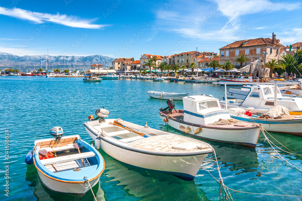 Boats in the Supetar harbor on the Brac island  at a summer, Croatia, Europe.
