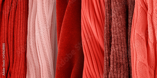 Coral knitted fabric textures. Knitted fabric samples.