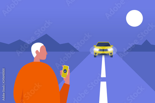 Taxi service. Mobile application. Carpool. Late night. Male passenger waiting for a car. Flat editable vector illustration, clip art