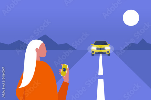 Taxi service. Mobile application. Carpool. Late night. Female passenger waiting for a car. Flat editable vector illustration, clip art