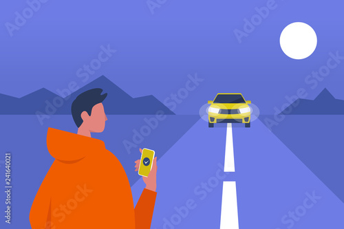 Taxi service. Mobile application. Carpool. Late night. Male passenger waiting for a car. Flat editable vector illustration, clip art