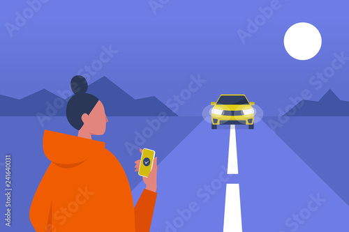 Taxi service. Mobile application. Carpool. Late night. Female passenger waiting for a car. Flat editable vector illustration, clip art