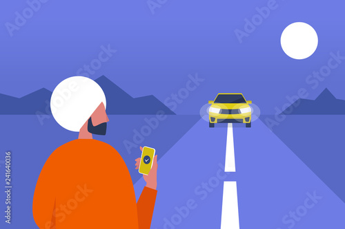 Taxi service. Mobile application. Carpool. Late night. Indian male passenger waiting for a car. Flat editable vector illustration, clip art
