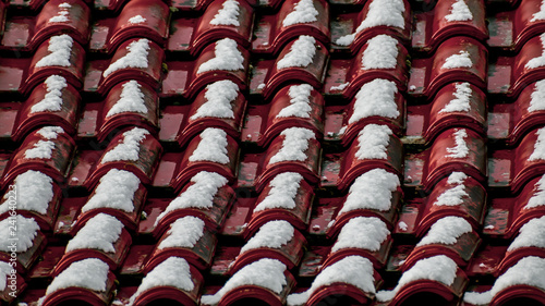 snowy red roof tiles