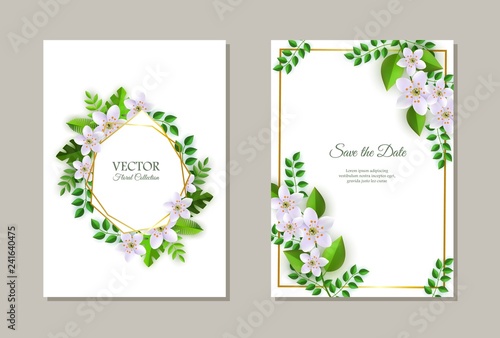 Vector illustration set of tender romantic floral compositions on wedding invitation or greeting cards - frames with light pink flowers and green leaves on white background with copy space.