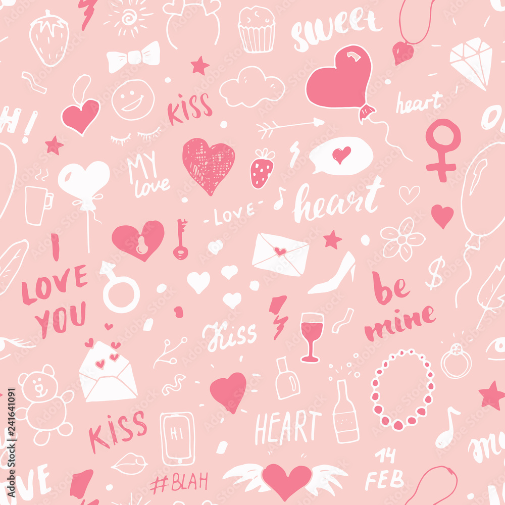 Love and Valentine Day seamless pattern vector illustration. Hand drawn sketched doodle romantic symbols background Love and Valentine Day seamless pattern vector illustration. Hand drawn sketched doodle romantic symbols background