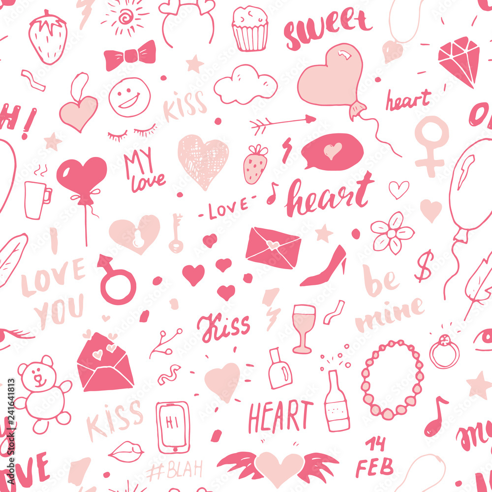 Love and Valentine Day seamless pattern vector illustration. Hand drawn sketched doodle romantic symbols background Love and Valentine Day seamless pattern vector illustration. Hand drawn sketched doodle romantic symbols background