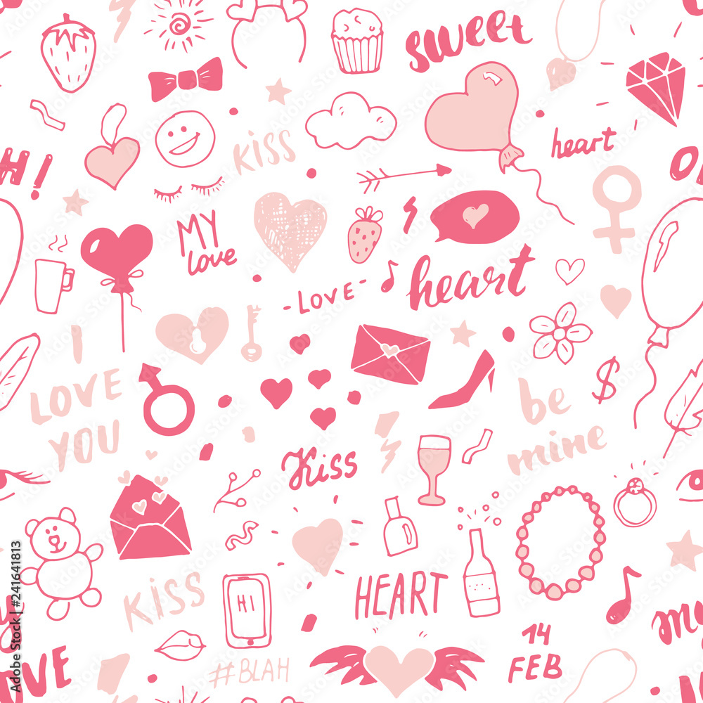 Love and Valentine Day seamless pattern vector illustration. Hand drawn sketched doodle romantic symbols background