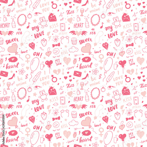 Love and Valentine Day seamless pattern vector illustration. Hand drawn sketched doodle romantic symbols background