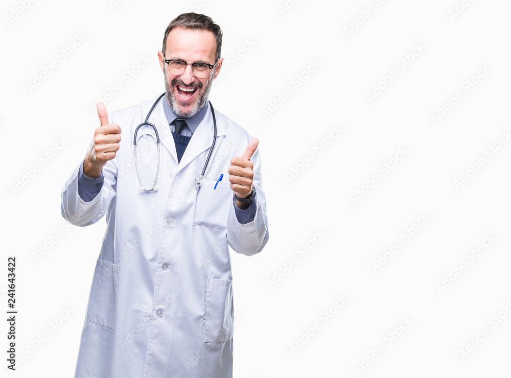 Middle age senior hoary doctor man wearing medical uniform isolated background success sign doing positive gesture with hand, thumbs up smiling and happy. Looking at the camera Middle age senior hoary doctor man wearing medical uniform isolated background success sign doing positive gesture with hand, thumbs up smiling and happy. Looking at the camera