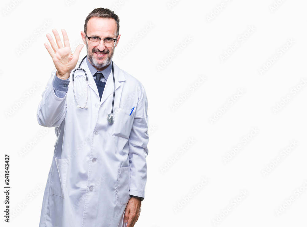 Middle age senior hoary doctor man wearing medical uniform isolated background showing and pointing up with fingers number five while smiling confident and happy. Middle age senior hoary doctor man wearing medical uniform isolated background showing and pointing up with fingers number five while smiling confident and happy.