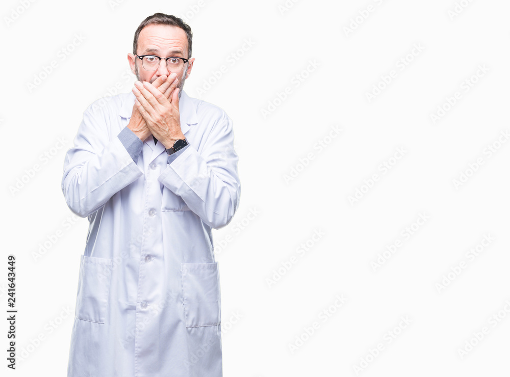 Middle age senior hoary professional man wearing white coat over isolated background shocked covering mouth with hands for mistake. Secret concept. Middle age senior hoary professional man wearing white coat over isolated background shocked covering mouth with hands for mistake. Secret concept.