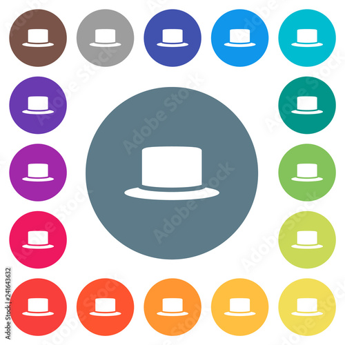 Silk hat flat white icons on round color backgrounds