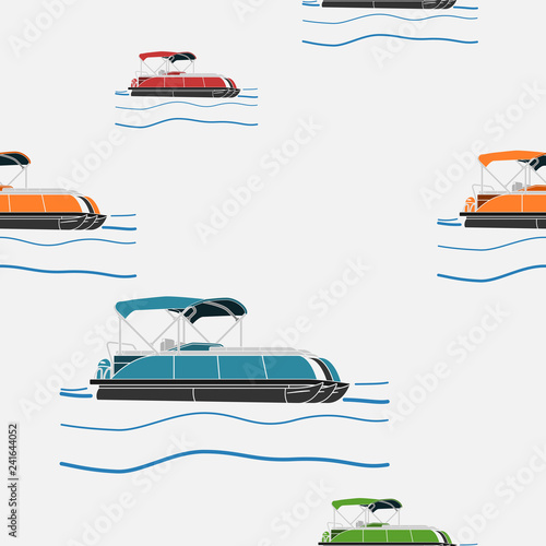 Editable Semi-Oblique Side View Pontoon Boat Vector Illustration in Flat Style With Various Colors as Seamless Pattern for Creating Background of Transportation or Recreation Related Design