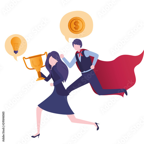 business couple with hero cape and speech bubble