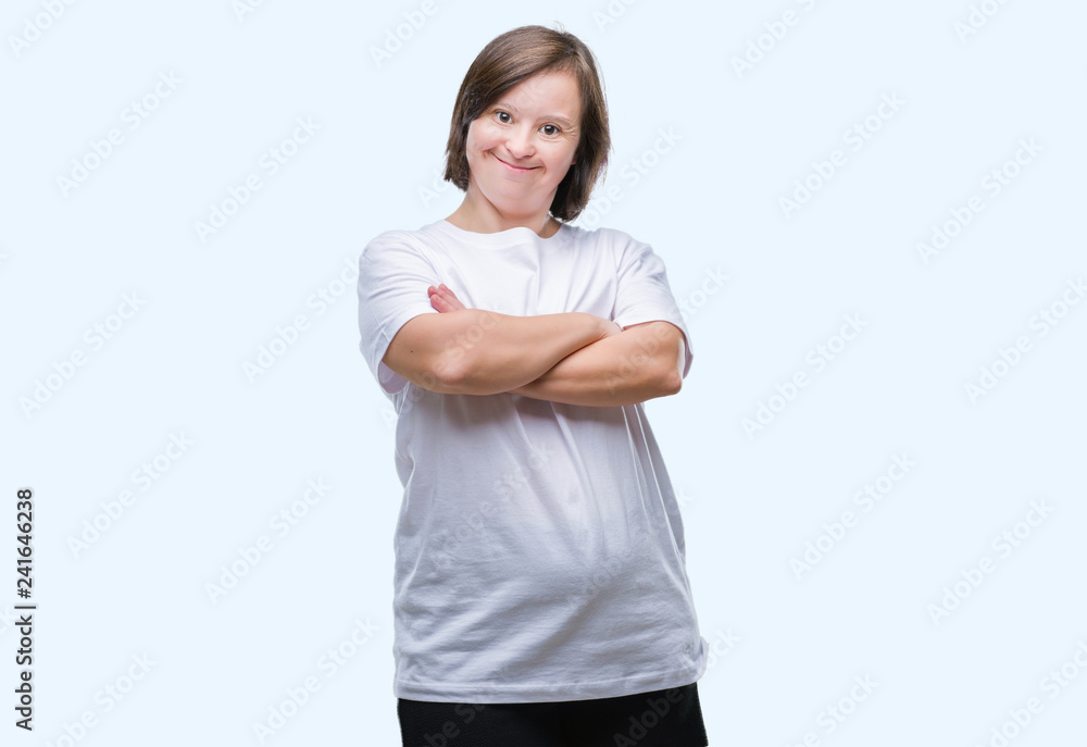 Young adult woman with down syndrome over isolated background happy face smiling with crossed arms looking at the camera. Positive person. Young adult woman with down syndrome over isolated background happy face smiling with crossed arms looking at the camera. Positive person.