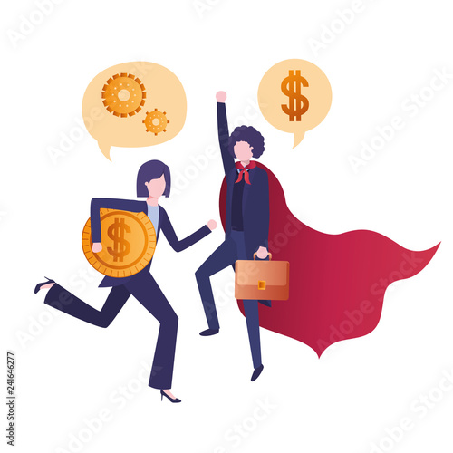 business couple with hero cape and speech bubble
