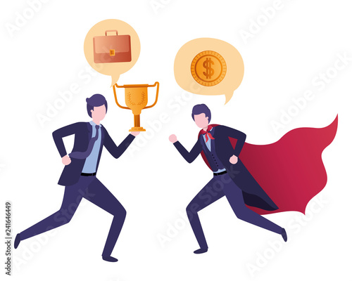 business couple with hero cape and speech bubble