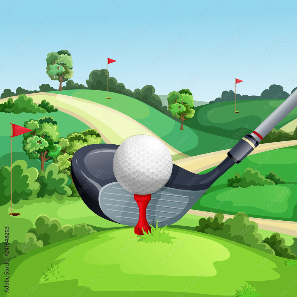 Golf club and ball on green golf course, vector illustration. Summer  landscape cartoon background Stock Vector | Adobe Stock