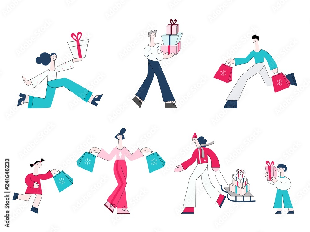 Vector illustration set of people with shopping bags and present boxes for winter holidays isolated on white background - flat characters buying gifts for Christmas and New Year.
