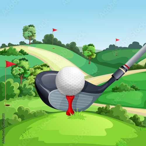 Golf club and ball on green golf course, vector illustration. Summer landscape cartoon background