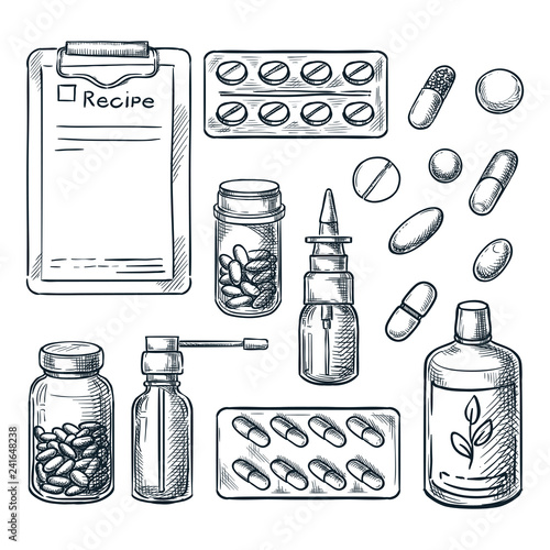 Pharmacy, medicine and healthcare vector sketch illustration. Pills, drugs, bottles, prescription design elements