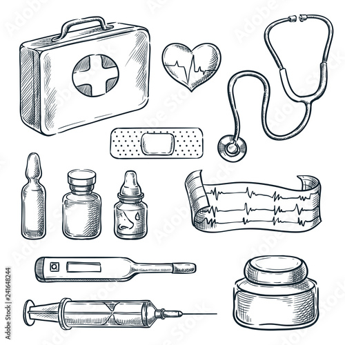 First aid kit vector sketch illustration. Medicine and healthcare hand drawn icons and design elements