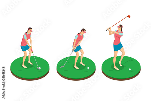 Woman playing golf, vector 3d isometric illustration. Golf swing stages, isolated design elements.