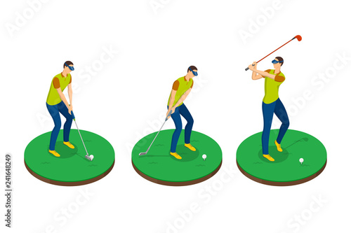 Man playing golf, vector 3d isometric illustration. Golf swing stages, isolated design elements.