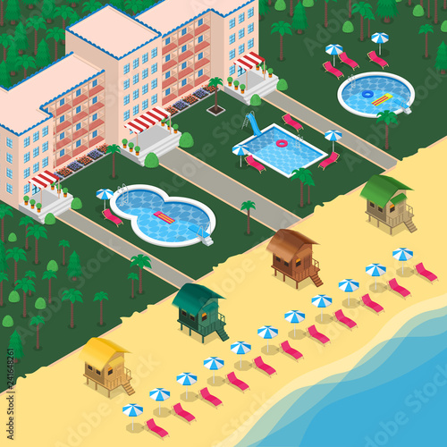 Hotel resort vector 3d isometric illustration. Summer vcation and holiday travel design elements.