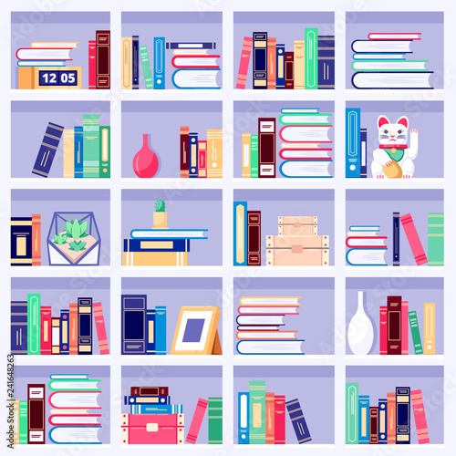 Bookcase wth colorful books and home decor on bookshelves, vector flat illustration. House interior background.