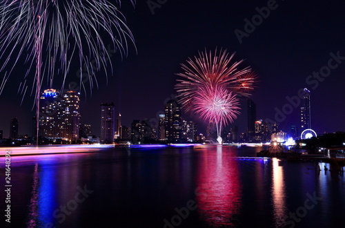 Fireworks on the Chao Phraya River in Bangkok, Thailand