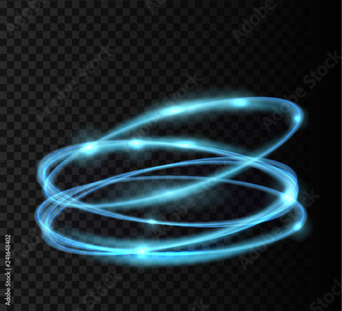 Blue glowing shiny spiral lines and circle light effect.  Abstract Glowing light fire ring trace. Magic sparkle circle light on transparent background. Vector illuastration.