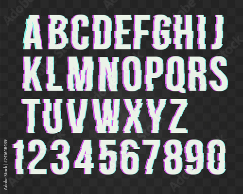 Trendy style distorted glitch typeface alphabet. Letters and numbers: A to Z and numbers from 0 to 9. Green and red channels. Vector illustration.