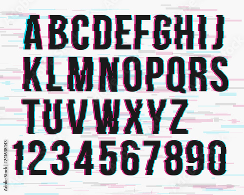 Trendy style distorted glitch typeface alphabet. Letters and numbers: A to Z and numbers from 0 to 9. Green and red channels. Vector illustration. 