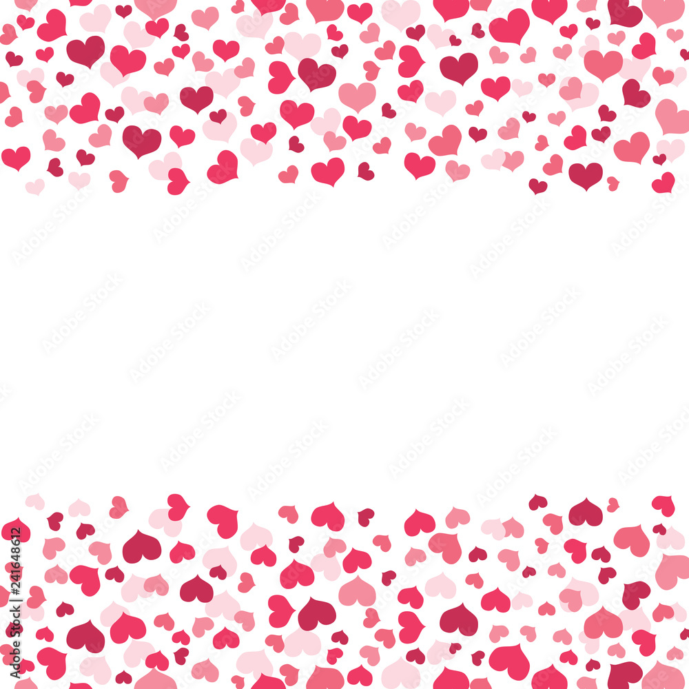Heart shape pink and red confetti vector frame isolated on white background