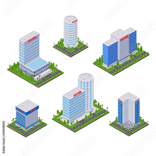 City hotel modern buildings, vector 3d isometric icons and design elements set. Business real estate objects