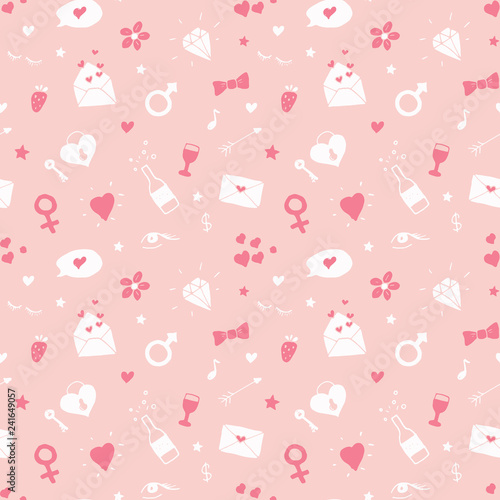 Love and Valentine Day seamless pattern vector illustration. Hand drawn sketched doodle romantic symbols background