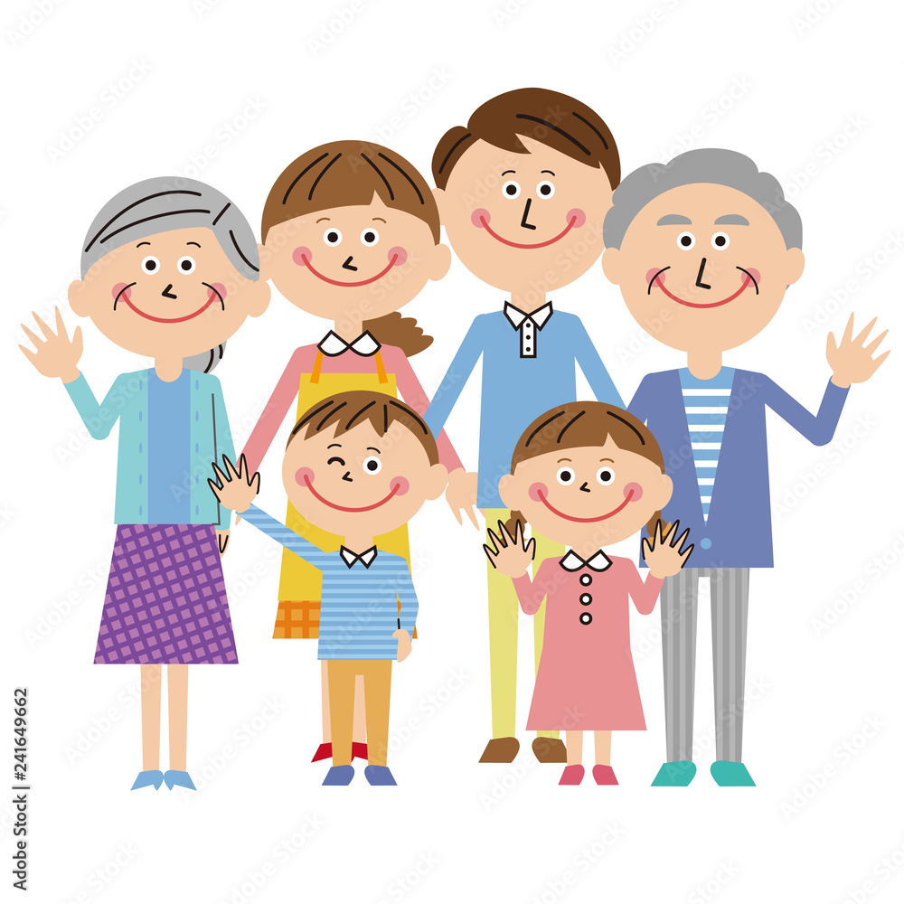 ポップな3世代家族 全身　カメラ目線で挨拶