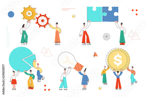 Vector teambuilding and successful team work concept characters set with stylized business men holding big gears, puzzles idea light bulb, golden coin above head, flying at arrow Isolated illustration