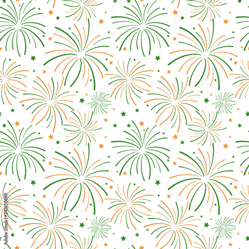 Indian Independence Day Fireworks Seamless Pattern - Orange and green fireworks and stars on white background
