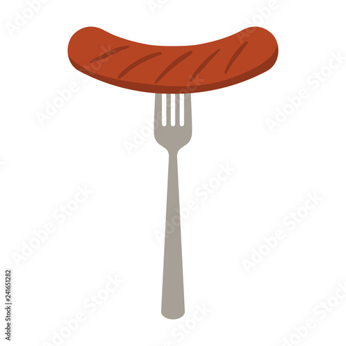 Sausage and Fork - Grilled sausage and fork with four tines isolated on white background
