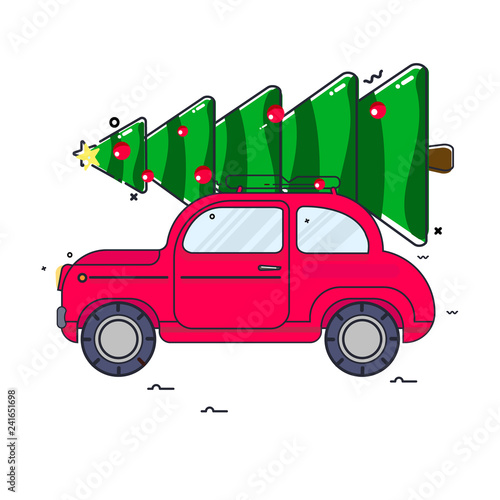 New Year. The red car carries a Christmas tree. Vector vintage image